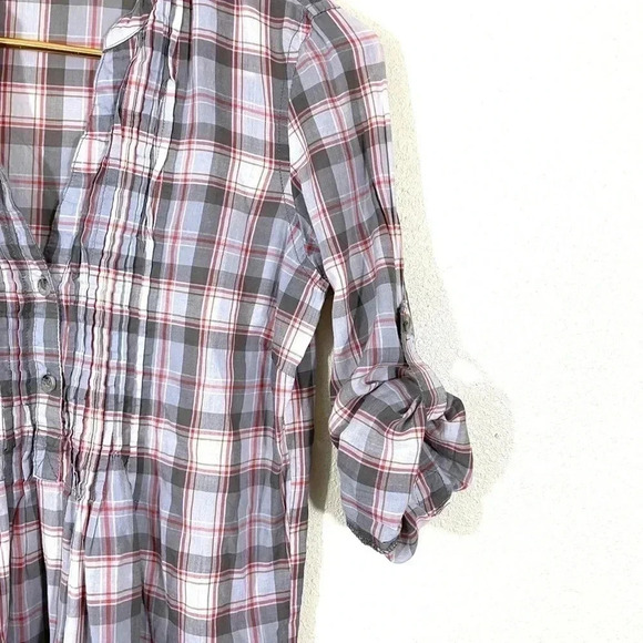 Fossil Tan Plaid Semi-Sheer Shirt Top Size Medium - Picture 3 of 6